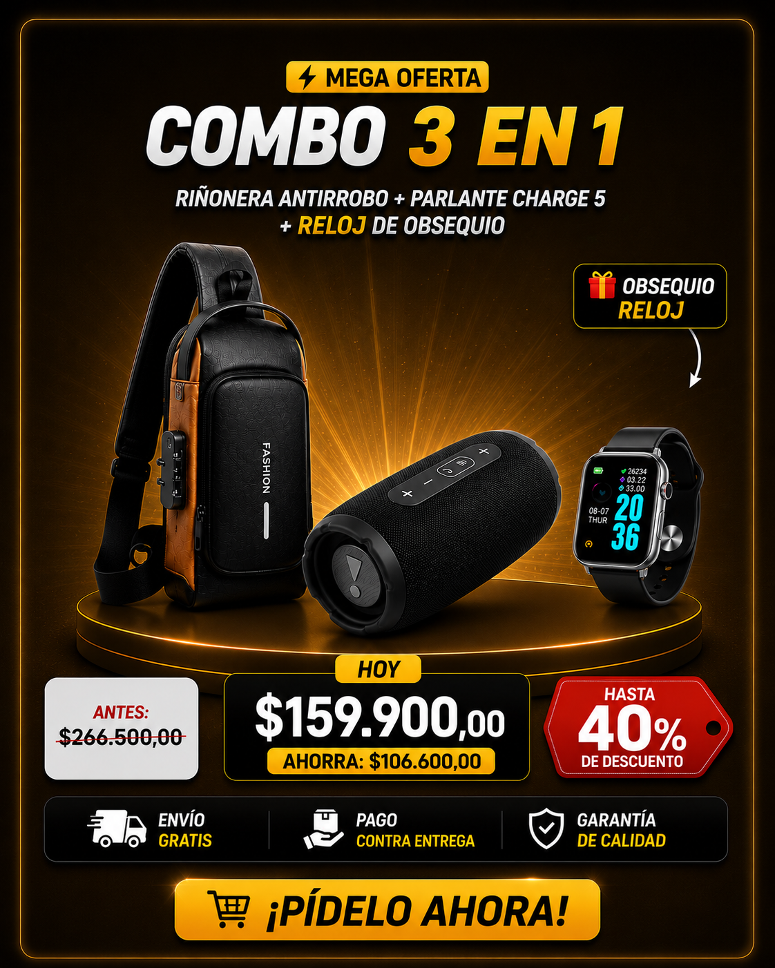 PARLANTE + RIÑONERA ANTIRROBO + SMARTWATCH OBSEQUIO😍